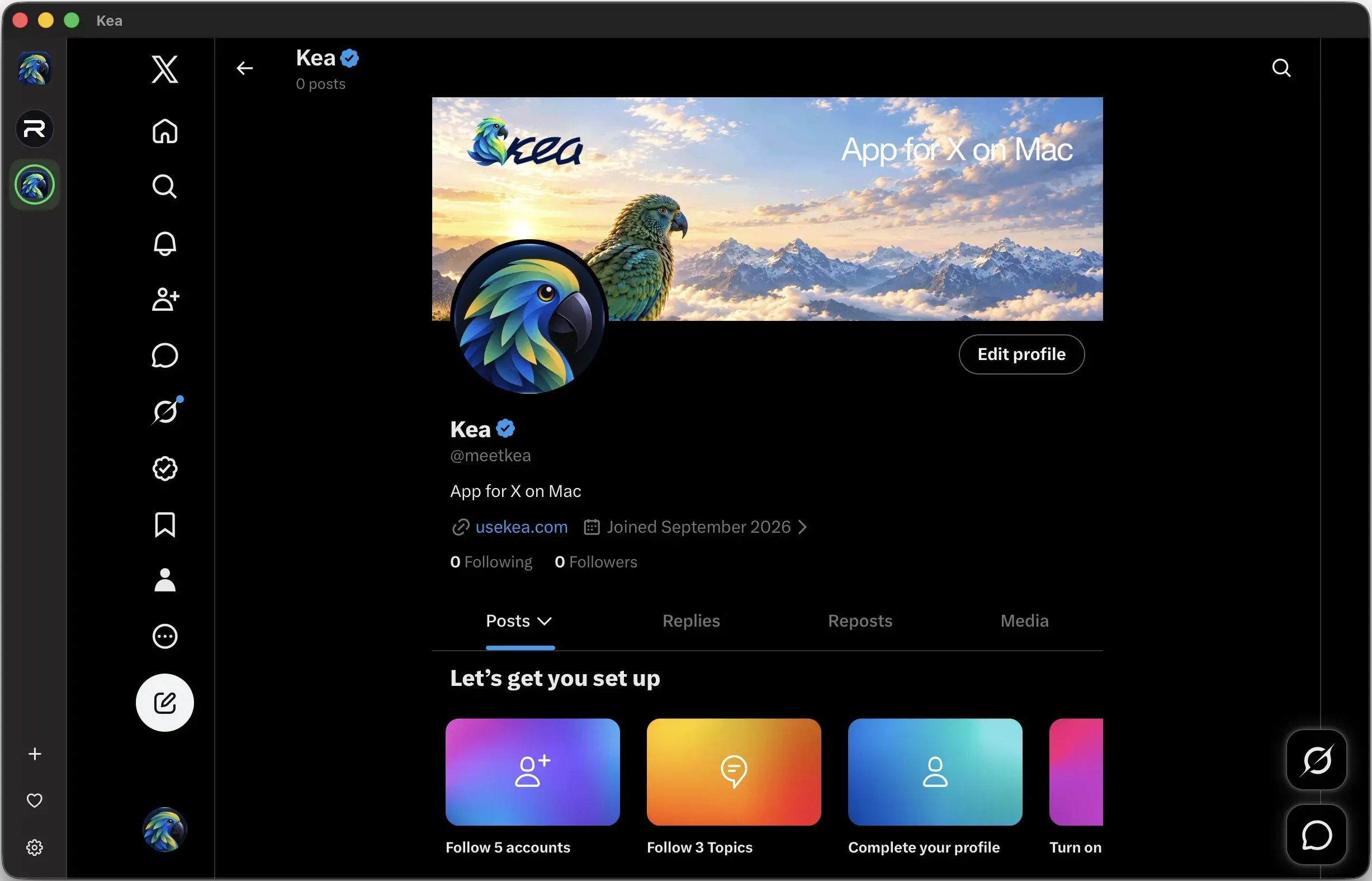 The Kea app on macOS: a vertical account switcher on the left and an X timeline beside it.