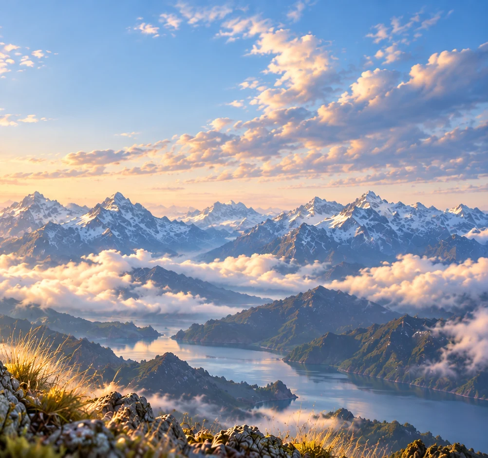 Sunrise over the snow-capped peaks and glacial lakes of New Zealand's Southern Alps.