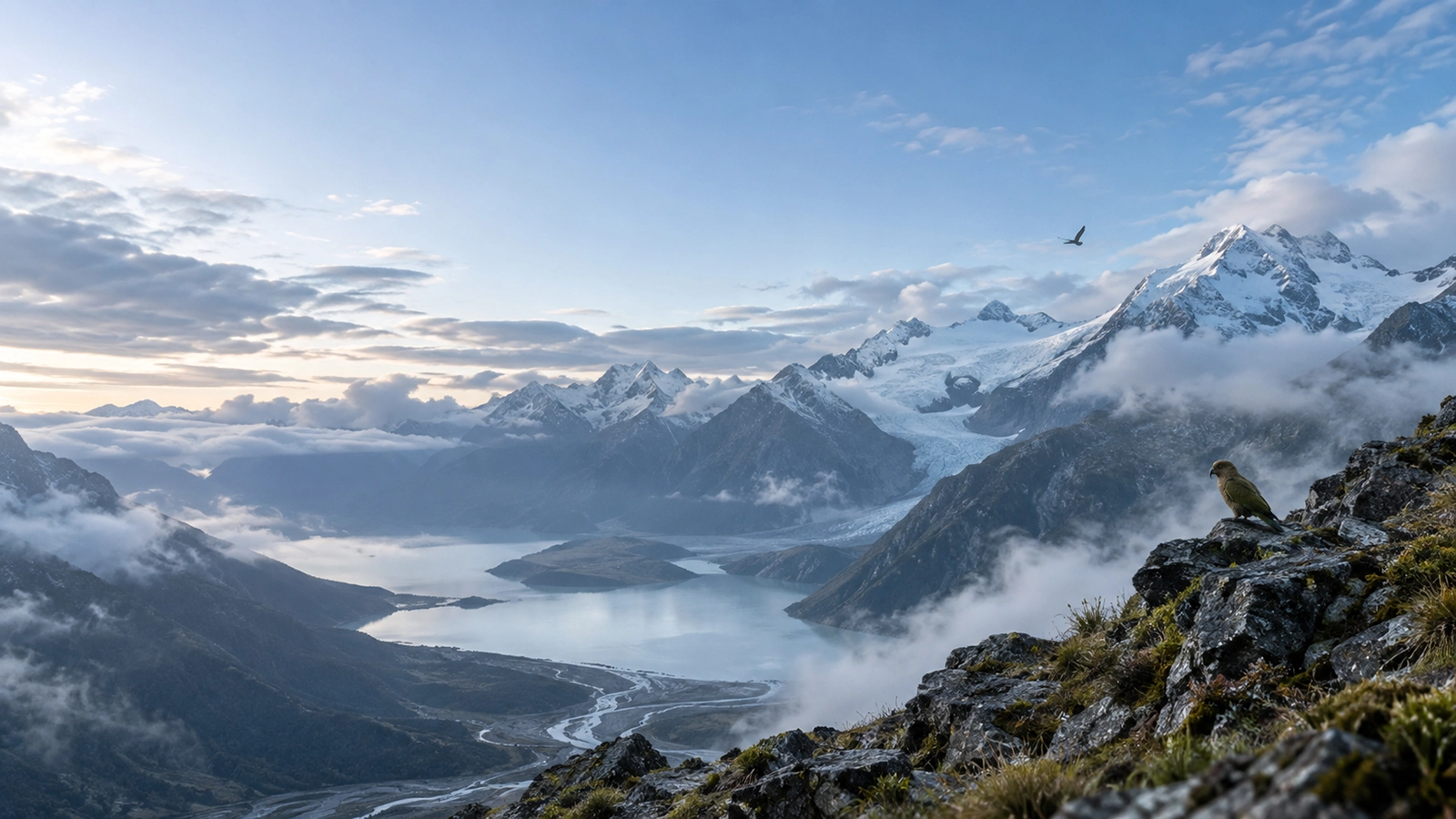 A kea in flight above the Southern Alps at first light, with a glacial lake below and a second kea watching from a rocky ridge.